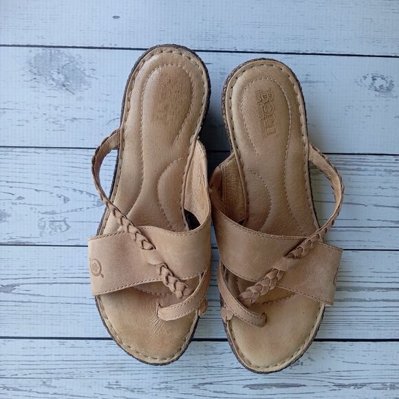 BORN Wedge Toe Loop Sandals Brown Braided Leather Womans 6 - Picture 5 of 10